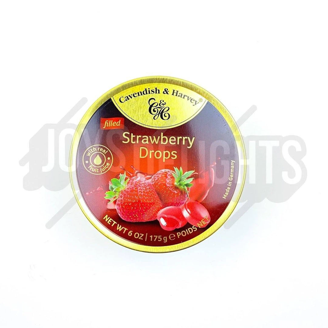 Joy's De'Lights All Candy Cavendish & Harvey Filled Strawberry Drops Tin Bulk 1 Joy's De'Lights All Candy Cavendish & Harvey Filled Strawberry Drops Tin Bulk